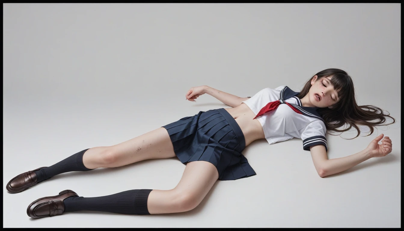score_9,score_8_superior,score_7_superior, masterpiece, sauce_photograph, (Realistic:1.4), 4K, Simple Background, Amazing depth, Double Exposure, Surreal, Exquisitely crafted, Perfect balance, Deep and thin border, artistic photographrealism, Smooth,
One girl, 24-years-old, Japanese Girls, , Young girl, (bangs:1.2), School_uniform, Sailor_uniform, short_sleeve, Crop top, Large Breasts, belly button, (mini skirt:1.2), Knee-high socks, loafers, His hands were tied behind his back,Are crying、(Lie down and sleep:1.4)、(Dirty warehouse:1.6)
