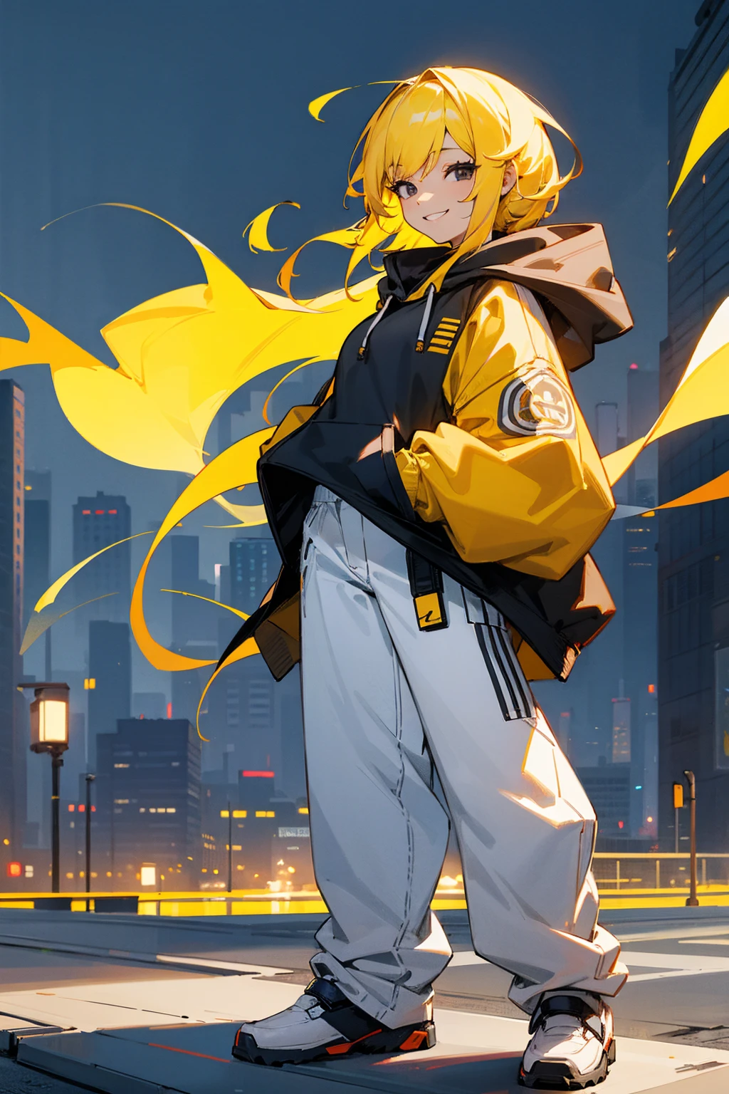 1female, yellow hair, black eyes, flaming hoodie, smiling, white pants, city background, detailed background, hands to side, standing on path