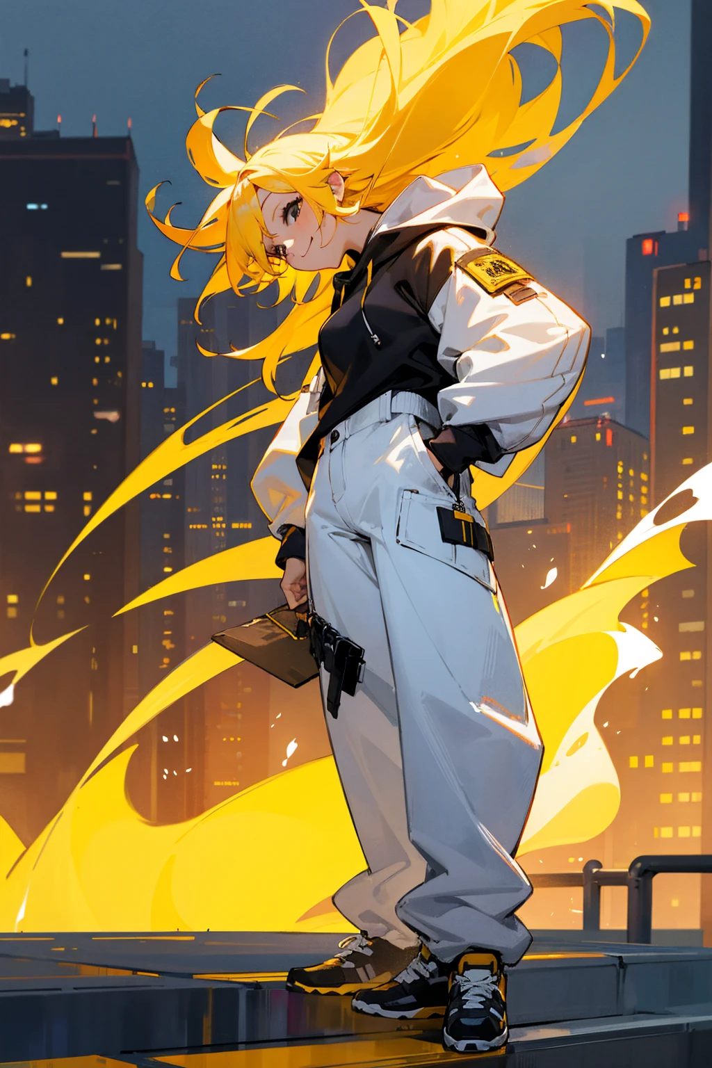 1female, yellow hair, black eyes, flaming hoodie, smiling, white pants, city background, detailed background, hands to side, standing on path