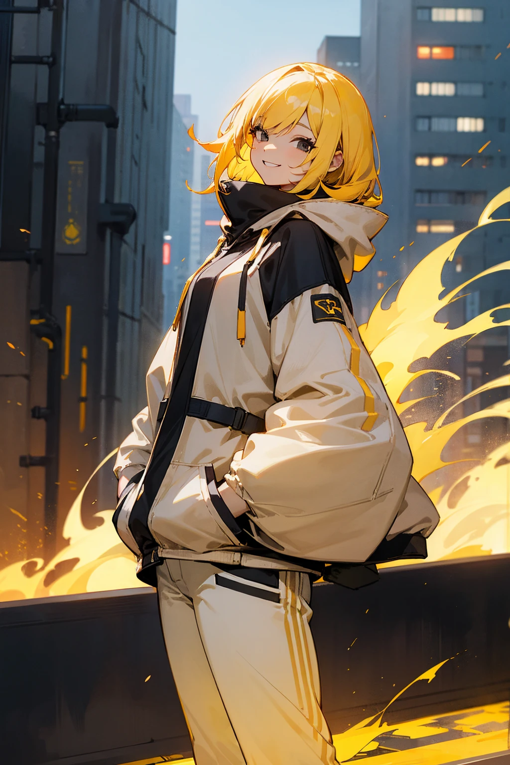 1female, yellow hair, black eyes, flaming hoodie, smiling, white pants, city background, detailed background, hands to side, standing on path