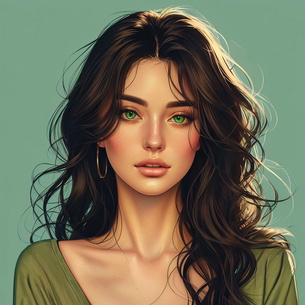 a close up of a woman with long hair and a green shirt, beautiful digital illustration, stunning digital illustration, detailed beautiful portrait, in style of digital illustration, digital illustration portrait, realistic art style, in the art style of bowater, trending on artstration, beautiful digital artwork, realistic cute girl painting, stunning art style, detailed illustration portrait, rossdraws portrait