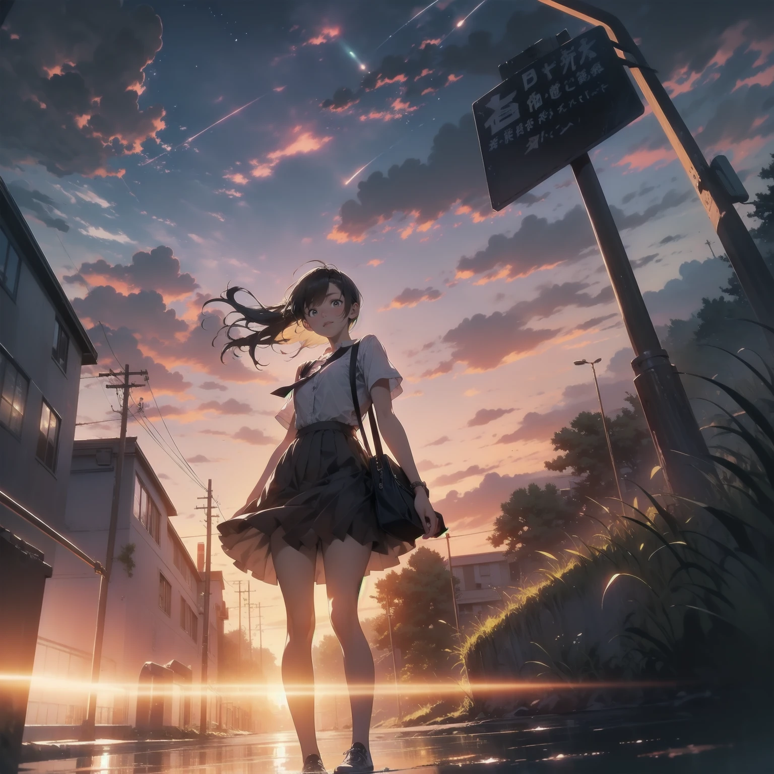 Vast landscape photography、(View from below、Shows the sky above and below)、High resolution、Highest quality、Very detailed、makoto shinkai、sunset、Girl in white dress looking sideways、College student with long brown hair、Electric pole、electric wire、Railroad crossing、Lens blur