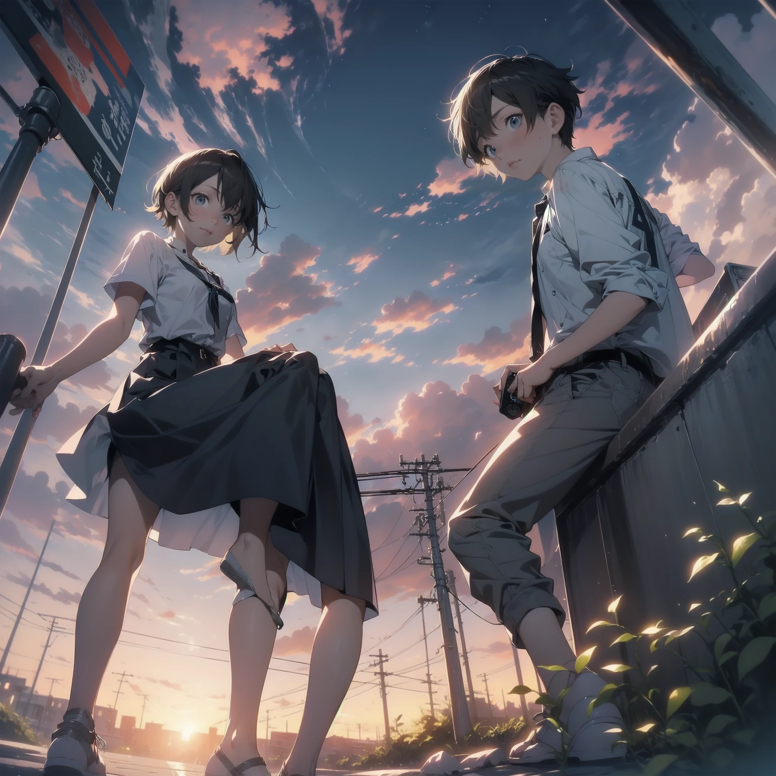 Vast landscape photography、(View from below、Shows the sky above and below)、High resolution、Highest quality、Very detailed、makoto shinkai、sunset、Girl in white dress looking sideways、College student with long brown hair、Electric pole、electric wire、Railroad crossing、Lens blur