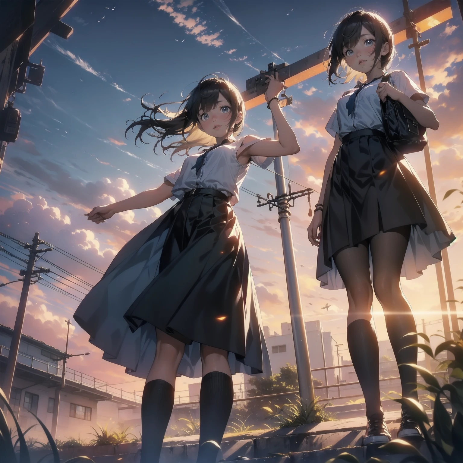 Vast landscape photography、(View from below、Shows the sky above and below)、High resolution、Highest quality、Very detailed、makoto shinkai、sunset、Girl in white dress looking sideways、College student with long brown hair、Electric pole、electric wire、Railroad crossing、Lens blur
