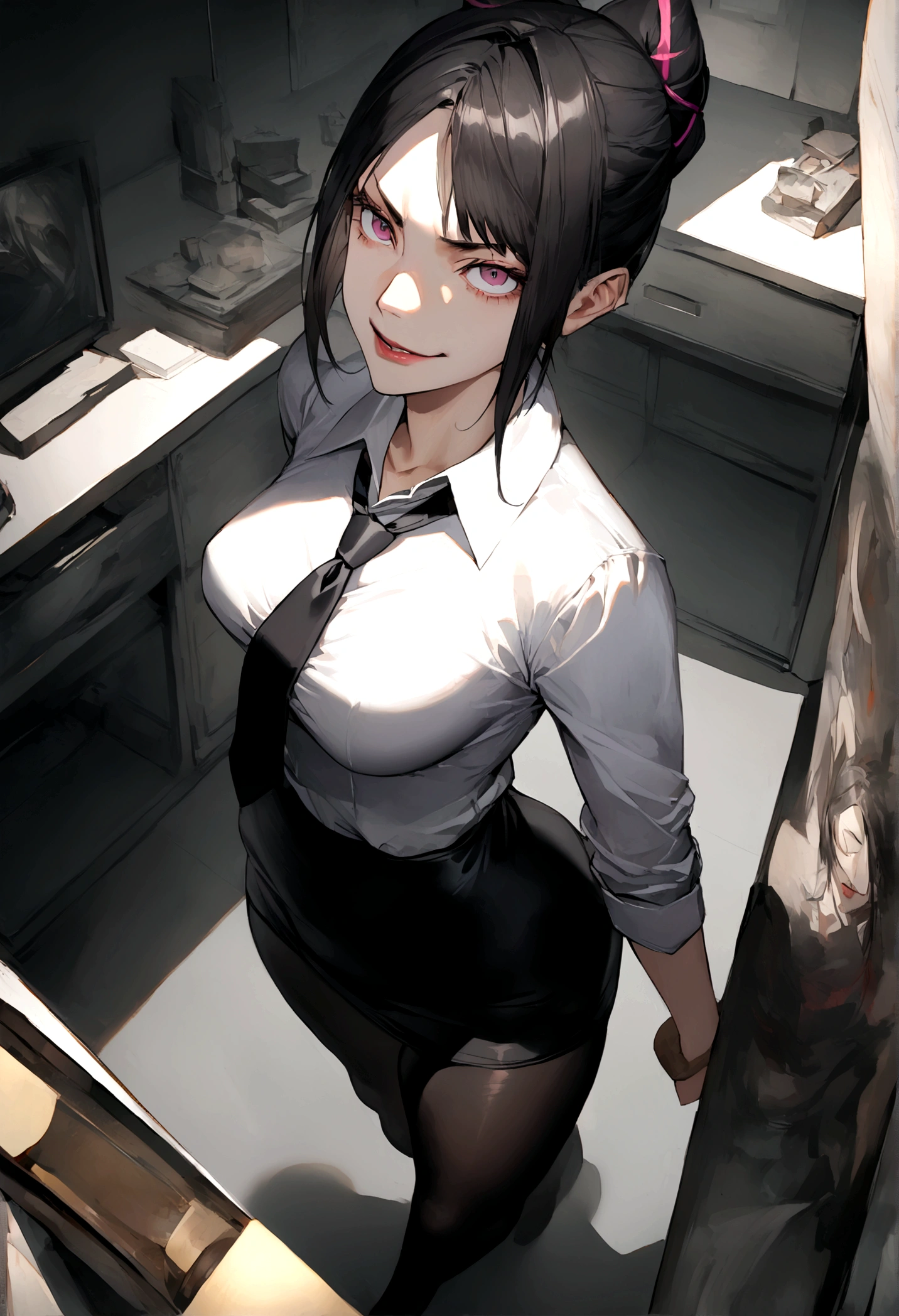 juri han, work of art, tight white secretary shirt with black tie, black high waist skirt, short skirt,stocking, black hair, black tights,evil smile,office,franja nos olhos,lighting,chifre de cabelos,view from above,olhando para cima
