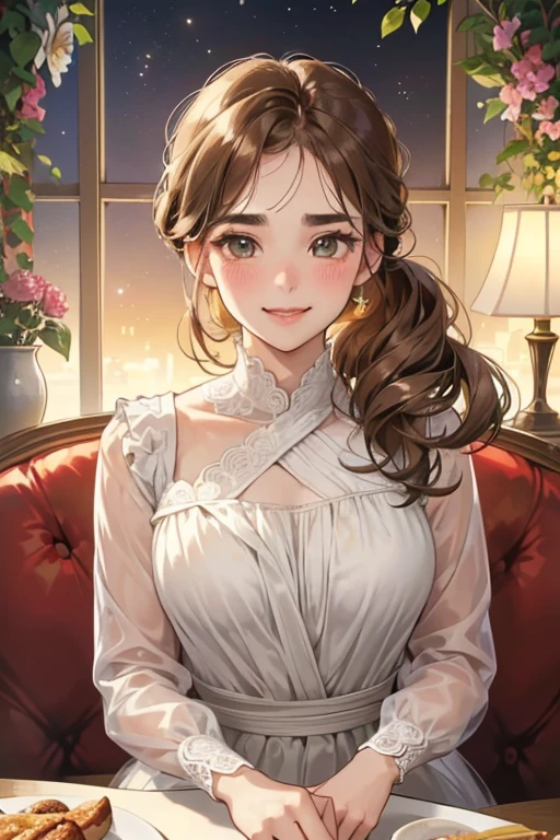 (table top, digital illustration, 4k, 8k, Super detailed, beautiful images, clear image, perfect face, perfect lines, perfect eyes, soft lighting) 1 female, (light brown hair,chignon hair,innocent look,droopy eyebrows,droopy eyes、With a round face,round chin、innocence,cute,Big eyes,natural makeup,smile gently,E cup,23 years old:1.3),Two handsome men in suits, (human,man in suit,muscular,solid shoulder width, boyish hairstyle,A man in his 30s with a cool expression,28 year old man with a bright smile:1.2),garden full of light、lots of flowers、Squirting、colorful flower light,(embarrassing,shy smile:1.2),resort sofa,kiss、Couple kiss、romance porn、couple of man and woman looking at each other、dinner、drink alcohol、drunk、blushing、