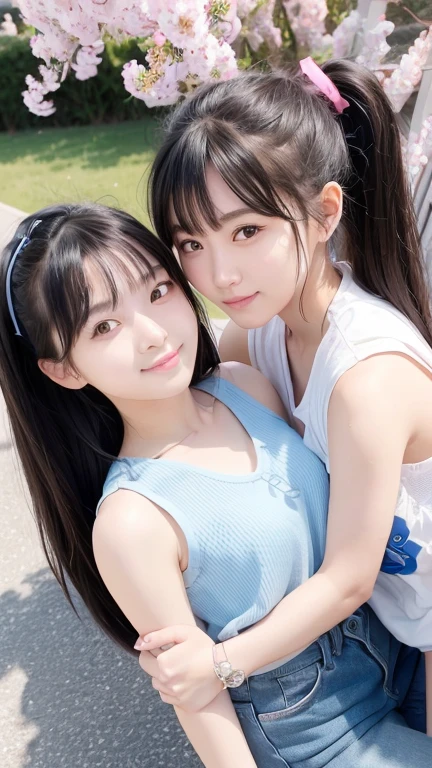 (((Two Girls)))、((Highest quality)), ((masterpiece)), (detailed), 8K,Realistic、Realistic、High definition、high resolution、Real、Japanese、Outdoor、blue sky、21 years old、Two people touching cheeks、smile、A good friend、Young face、21 years old、Heavy makeup、Sleeveless cute clothes、Shorts、((Bend over and peer at me))、((Looking up))、Black Hair、ponytail、