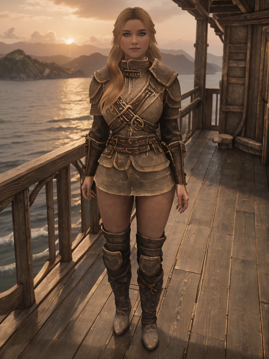 A stunning female Breton maiden stands poised on the weathered deck of a majestic ship at sunset in Skyrim. Her porcelain skin glows softly, illuminated by the warm rays of the rising sun. Delicate features and raven tresses frame her enigmatic smile as she gazes out to sea, the wind gently tousling her locks, (((wearing short natural leather skirt and high boots))), blonde hair