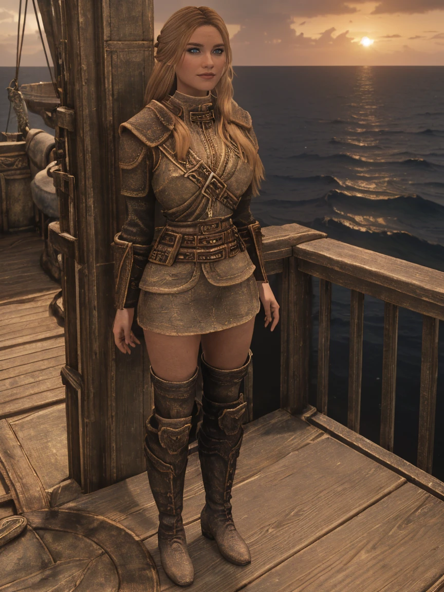 A stunning female Breton maiden stands poised on the weathered deck of a majestic ship at sunset in Skyrim. Her porcelain skin glows softly, illuminated by the warm rays of the rising sun. Delicate features and raven tresses frame her enigmatic smile as she gazes out to sea, the wind gently tousling her locks, (((wearing short natural leather skirt and high boots))), blonde hair