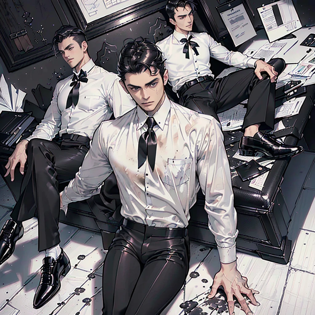 Masterpiece, Excellent, (Office: 1.5), CG drawing with super high detail, handsome, cold face, expressionless,
(a man with short black hair, white shirt, black tie, black pants, leather shoes, a little scum: 1.8),
Inside the president's office, luxurious, sitting on a chair, facing the audience, illustrations