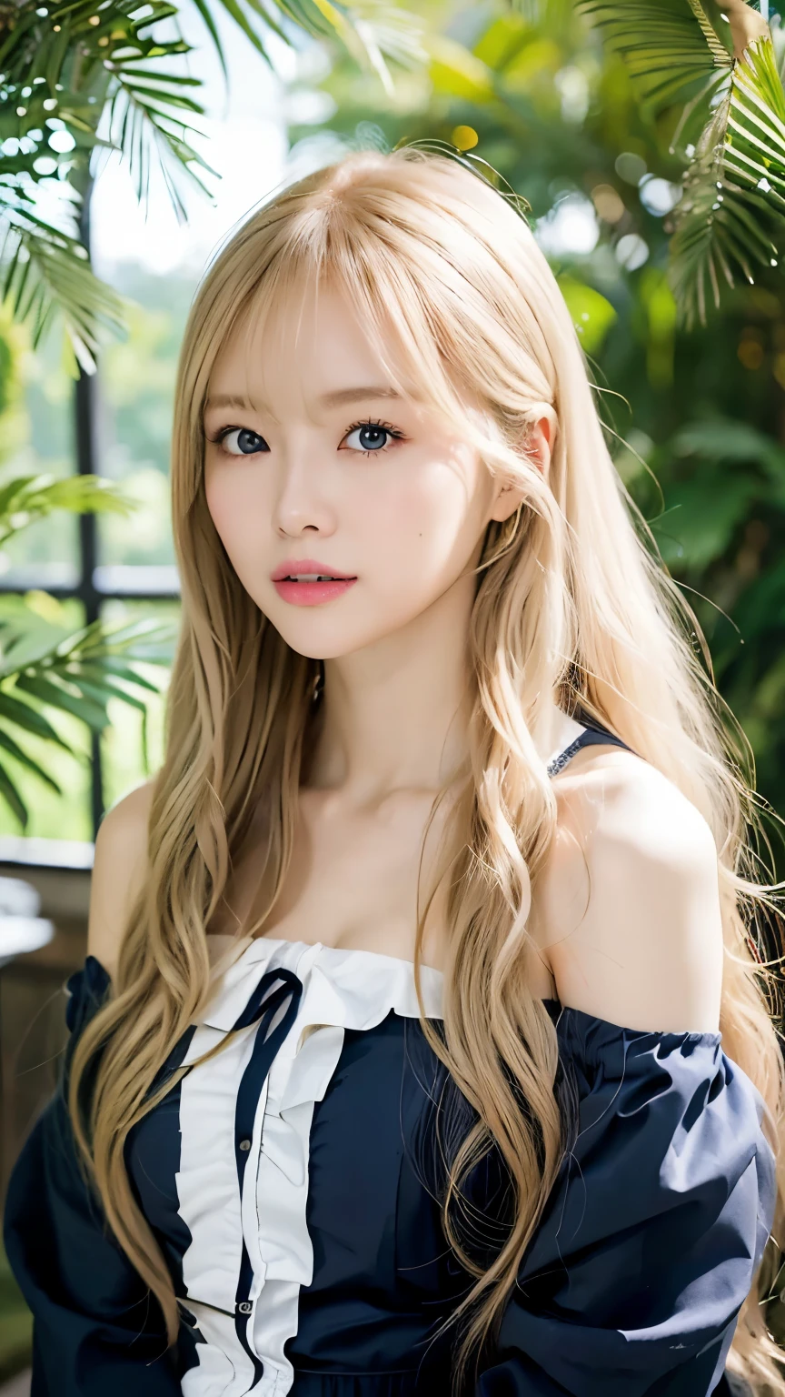Super long Super long Straight Platinum blonde Silky hair、masterpiece、Highest quality、High resolution、Highly detailed photos、Professional Lighting、(((topless)))、Bangs between the eyes、Hair above the eyes、片Hair above the eyes-顔の髪、Strike a Pose、Sexy maid in the magical forest、Please wear the frill apron only on the lower body.、Portraiture、Bright expression、like々White, radiant skin、Best Looks、Blonde reflection、Platinum blonde hair with dazzling highlights、Bright and shiny hair,、Super long straight hair、beautiful shiny bangs、Sparkling, clear, Attractive big blue eyes、so beautiful, A cute and adorable 15-year-old girl.、Bust of a Rich Man、ponytail、Cowboy Shot、Realistic