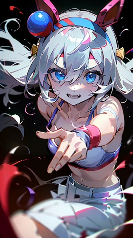 One girl,tamamo crose/(umamusume)、alone,Sparkling magenta eyes,Colored sclera,Gray Hair, Long Hair,((Pale skin,Extremely white skin,Hair on one eye,Hello、pink)), Sharp teeth, Open your mouth,Medium chest,((White bra,White Bikini,Hidden weapons,White Skirt,Barefoot,Villain,Psycho,Villain smile, Psychopath,anger)),(((floating in front of the ruins at night,masterpiece,High resolution,Highest quality,8k,Detailed face,Face close-up,周りにpink色の光が点滅する))),(((彼女は手から魔法でpinkをキャストしています))))