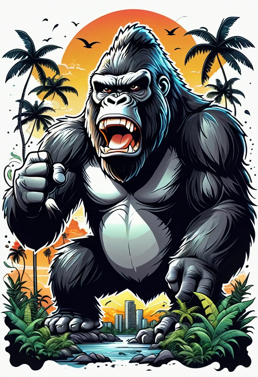 (((a sticker))), (((white background))),splash art, intricately detailed t-shirt design ready for print , 2d, ONE angry wild shouting furious  HUGE KING KONG in foreground, Jungle sunset at the background, vibe detailed design for streetwear and urban style t-shirts design, pro vector, (cel-shading style:1.3), inkpunk, (ink lines:1.1), strong outlines, bold traces, high contrast, (cel-shaded:1.1), vector, 32k resolution, best quality, flat lights,vector t-shirt art ready for print, intricate rich extremely complex ornaments illustration, extremely detailed and complex illustration, high detail, clean lines style, intricate high details, (((white plain background)))