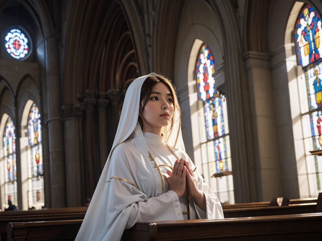 Virgin Mary in church，prayer，There is sunshine by the window，serene facial features