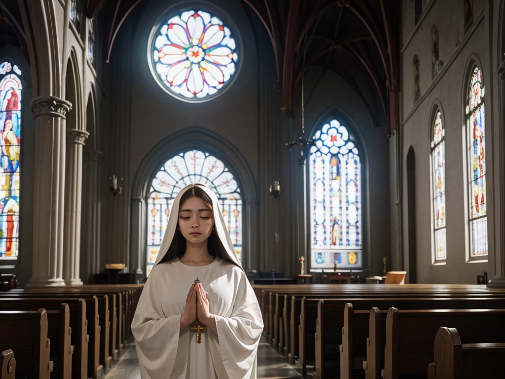 Virgin Mary in church，prayer，There is sunshine by the window，serene facial features