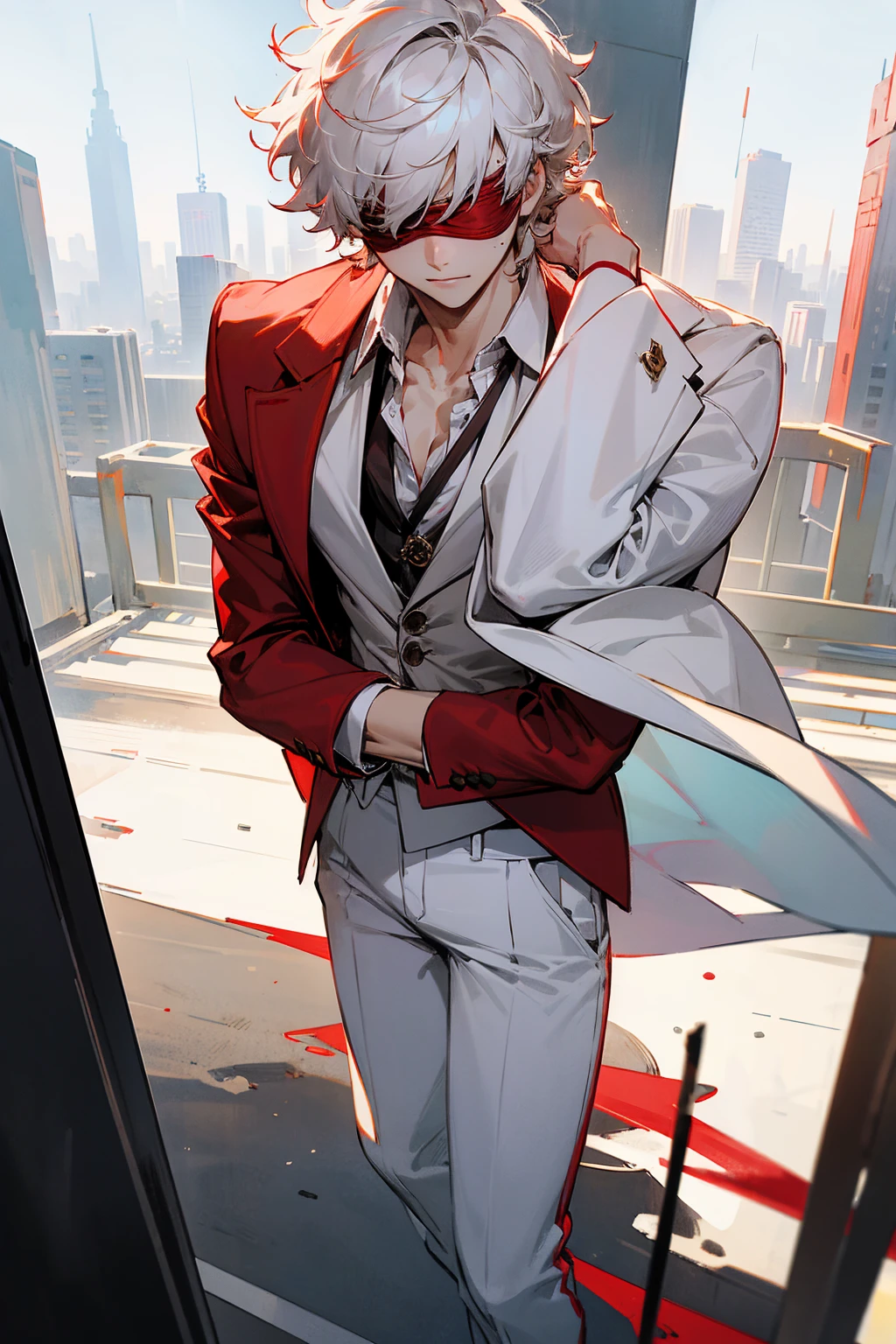 A handsome man with a slim figure, short black hair, black eyes and a smiling face with a bloodstained mouth. A handsome slim man with a sad and hopeless face, short brown hair and brown eyes who was hugging.