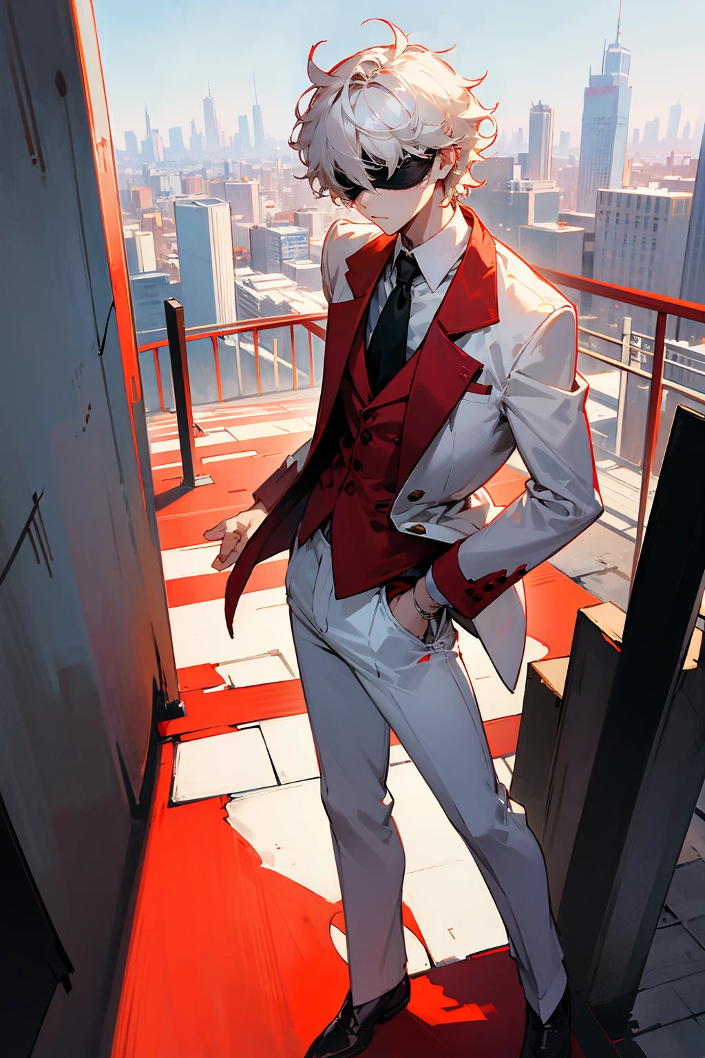 1male, white short hair, messy hair, red blindfold, open red blazer, white shirt, white pants, city background, detailed background, hands to side, standing on path