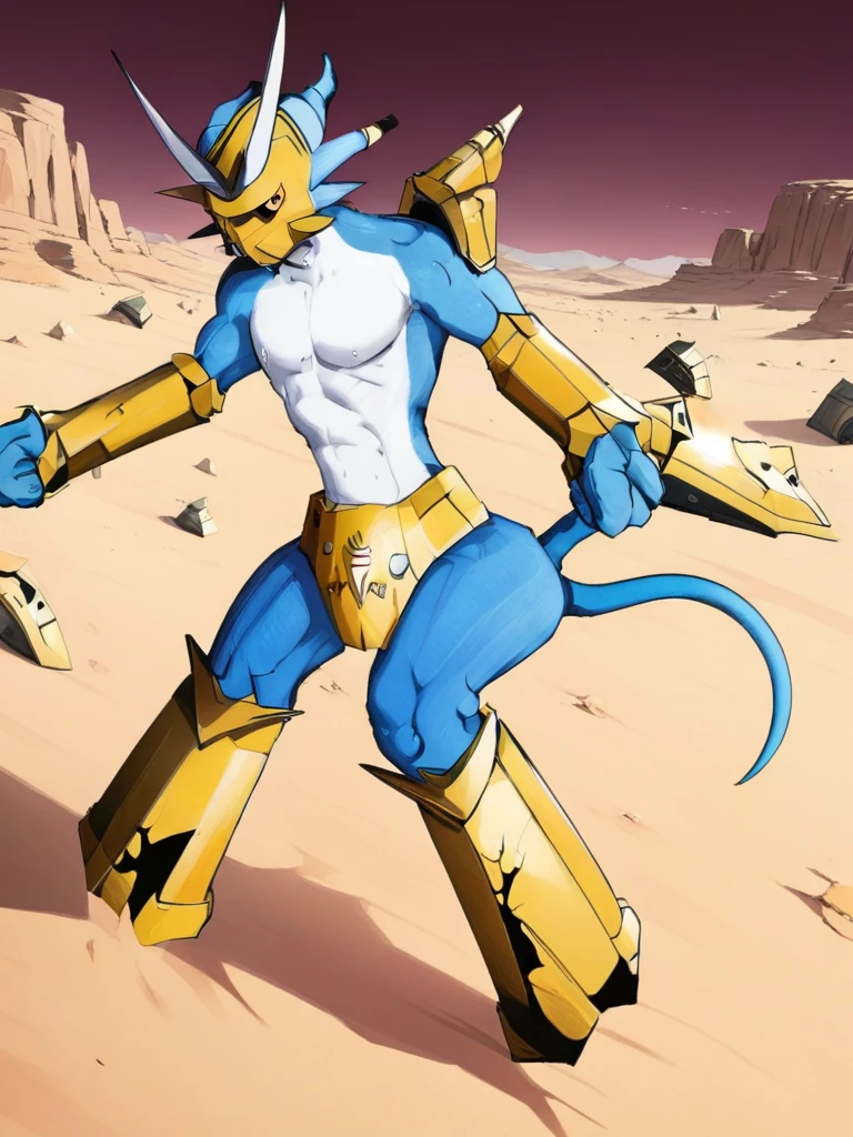 Magnamon,tall, blue and white skin,(battle damaged:1.5),(topless Magnamon:1.8),(armor fragments:1.5),(shirtless:1.5), fighting_stance, in desert ,full_shot