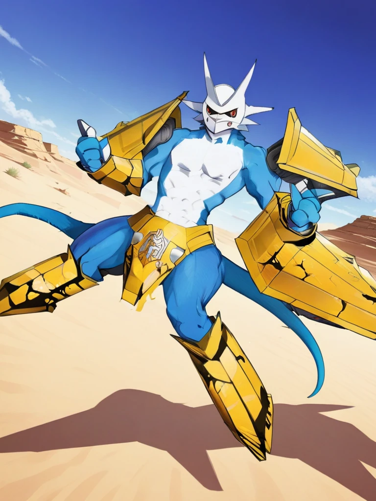Magnamon,tall, blue and white skin,(battle damaged:1.5),(topless Magnamon:1.8),(armor fragments:1.5),(shirtless:1.5), fighting_stance, in desert ,full_shot