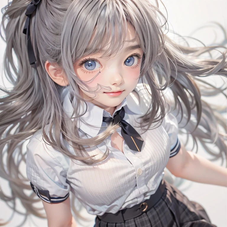 cute face,  ((masterpiece, Highest quality)), (One girl), (alone), (Focus on women), (Ahoge, Gray Hair, Very long hair), Golden Eyes, A light smile, Open your mouth, ((White shirt), (Buttoned shirt), (Button gap)), ((Black Skirt), (Short skirt)), Are standing, White Background, Put your arms behind your back, Dynamic Angle,