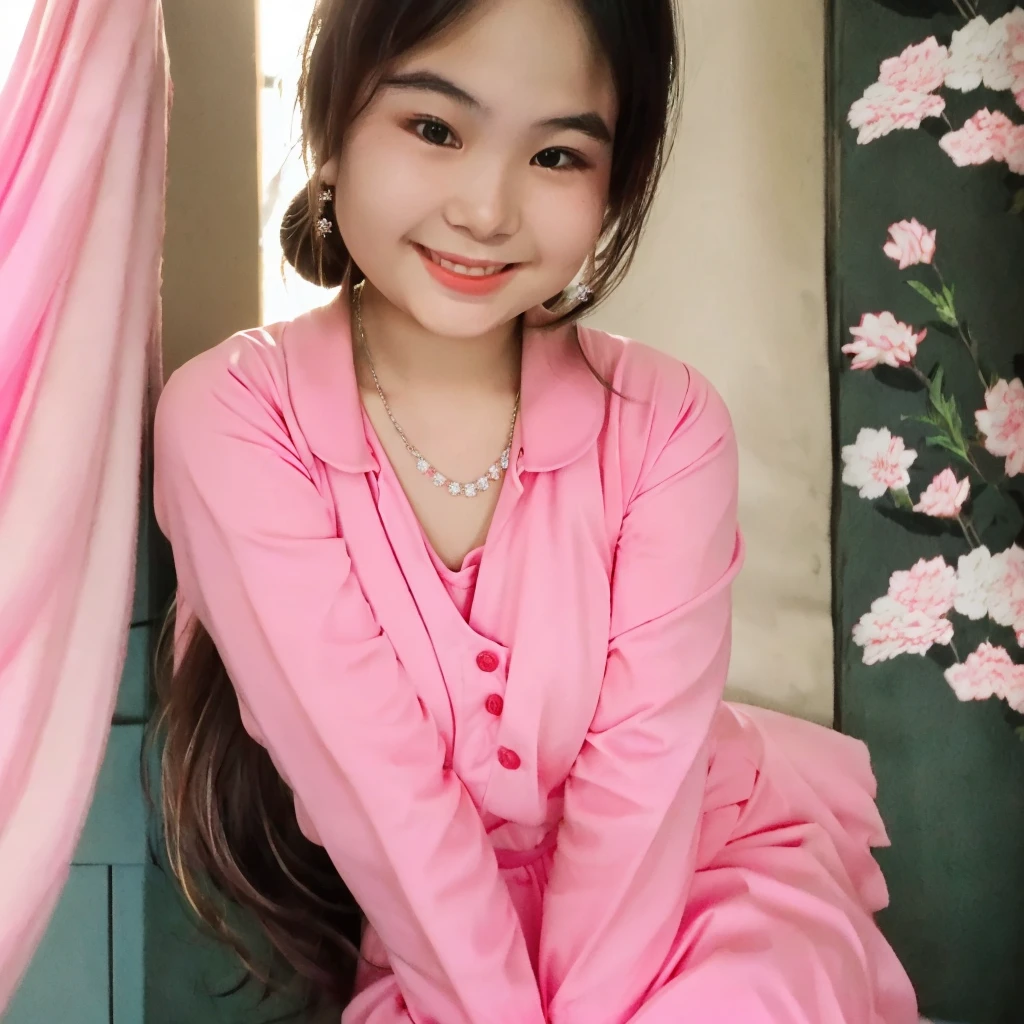 arafed asian girl in a pink dress sitting on a step, young pretty gravure idol, realistic young gravure idol, young gravure idol, cute young girl, young and cute girl, young cute wan asian face, slight cute smile, smiling sweetly, innocent smile, cute kawaii girl, of a youthful girl