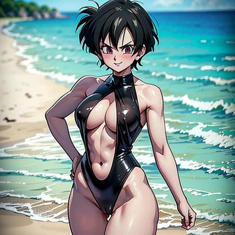 single, videl_from_Dragon_ball_z, solo, one_woman, black_swimsuit_with_very_huge_center_hole, skintight, cleavage cut out, one_piece_swimsuit, short_black_hair, flat_belly, small_boobs, skinny, thin_legs_and_hips, gentle_smile, blushing, beach, beautiful, female, high resolution, 8k, body_shot