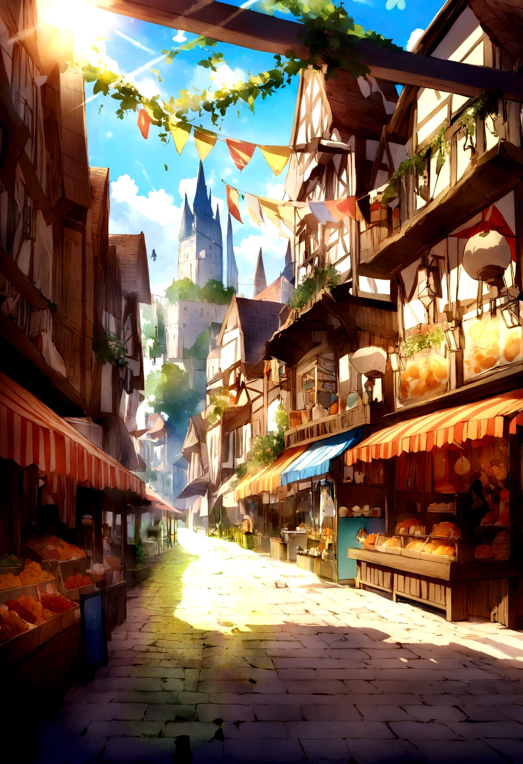 ((((masterpiece, Best Quality, High resolution)))), High detail, manga,anime,Illustrated style,Use of bright colors,Ghibli Studio「Howl's Moving Castle」The colors are like those used in daytime scenes.,Medieval European fantasy worldview, Christmas Market Square during the day, Festival scene in the square, There is a beautiful fountain in the center、Sparkling water gushes out in the sunlight., Large space, Bustling food stalls,Many food stalls are lined up,There aren't many people,人の着ている服はGhibli Studioの魔女の宅急便のような雰囲気, RPG-like scenery, Colorful tent stalls.Delicious food is on sale, The sky is bright blue、Fluffy white clouds floating, And the sun is shining brightly, Create a magical and cozy atmosphere.