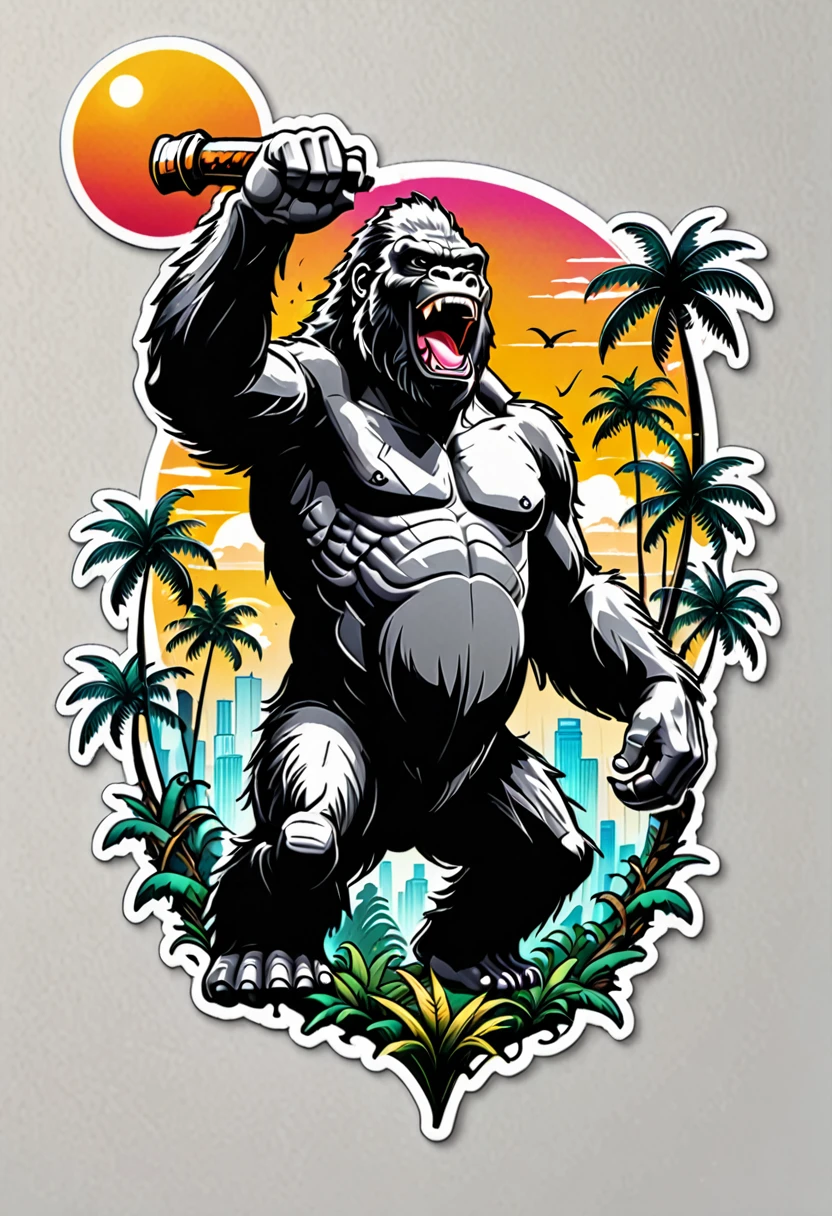 (((a sticker))), (((white background))),splash art, intricately detailed t-shirt design ready for print , 2d, ONE angry wild shouting furious  HUGE KING KONG in foreground, Jungle sunset at the background, vibe detailed design for streetwear and urban style t-shirts design, pro vector, (cel-shading style:1.3), inkpunk, (ink lines:1.1), strong outlines, bold traces, high contrast, (cel-shaded:1.1), vector, 32k resolution, best quality, flat lights,vector t-shirt art ready for print, intricate rich extremely complex ornaments illustration, extremely detailed and complex illustration, high detail, clean lines style, intricate high details, (((white plain background)))