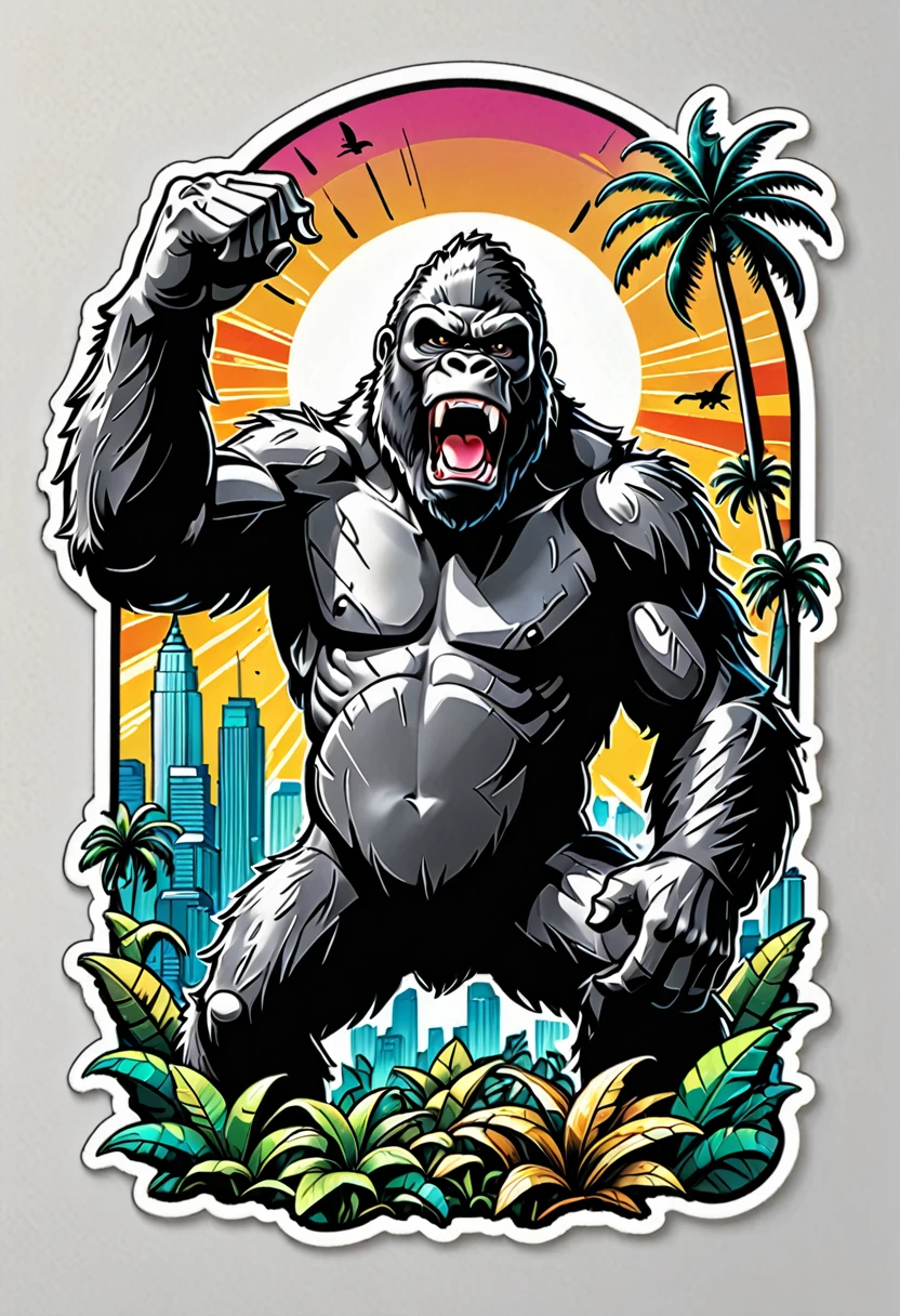 (((a sticker))), (((white background))),splash art, intricately detailed t-shirt design ready for print , 2d, ONE angry wild shouting furious  HUGE KING KONG in foreground, Jungle sunset at the background, vibe detailed design for streetwear and urban style t-shirts design, pro vector, (cel-shading style:1.3), inkpunk, (ink lines:1.1), strong outlines, bold traces, high contrast, (cel-shaded:1.1), vector, 32k resolution, best quality, flat lights,vector t-shirt art ready for print, intricate rich extremely complex ornaments illustration, extremely detailed and complex illustration, high detail, clean lines style, intricate high details, (((white plain background)))