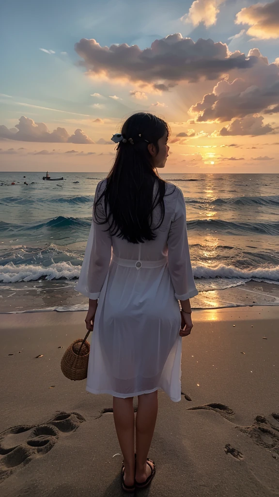 a sunlouger kept in a beach , sunset , a large umberella , sea view