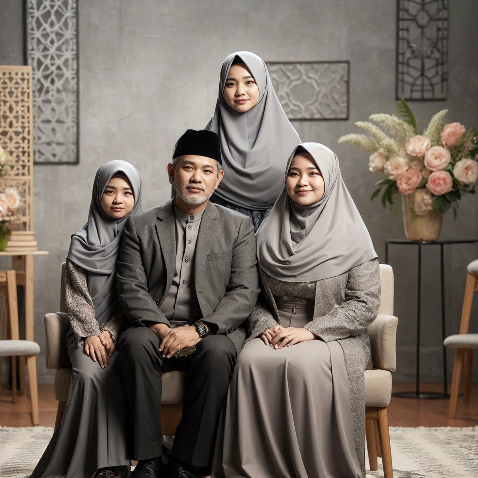 Studio Photography of Indonesian family of 4 members, a man aged 50 men thin face with black cap wearing grey suit, a woman chubby body with hijab wearing long dress gami, sitting on a couple's chair, standing behind them two teens girls aged 10 y.o and 24 y.o with hijab, wearing gamis idress, grey hijab color, background in a studio with abstract pattern walls, flower vases, photography, good lighting, fresh color, 8k, warm family