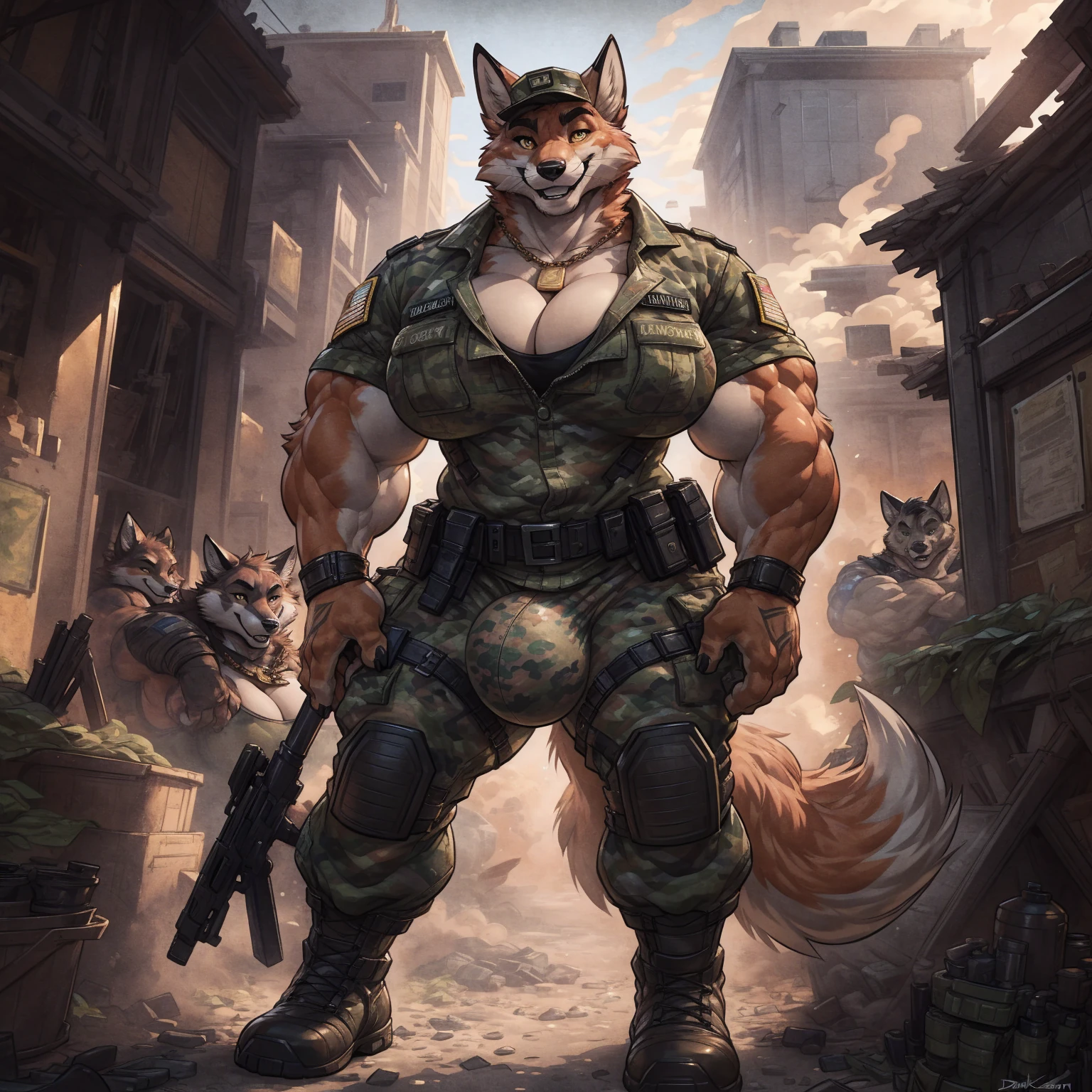 solo, 1girl, fox, female, broad shoulders, buff, muscular, huge breasts, gold eyes, highly detailed eyes, Amazon, wearing camouflage_uniform, (urban uniform:1.2), military camp, rolled sleeves, shirt, trousers, (large bulge), detailed crotch, penis outline, cleavage, standing upright, combat boots, full body, smiling, friendly, looking at viewer, realistic lighting, by darkgem, by wfa, by bng,