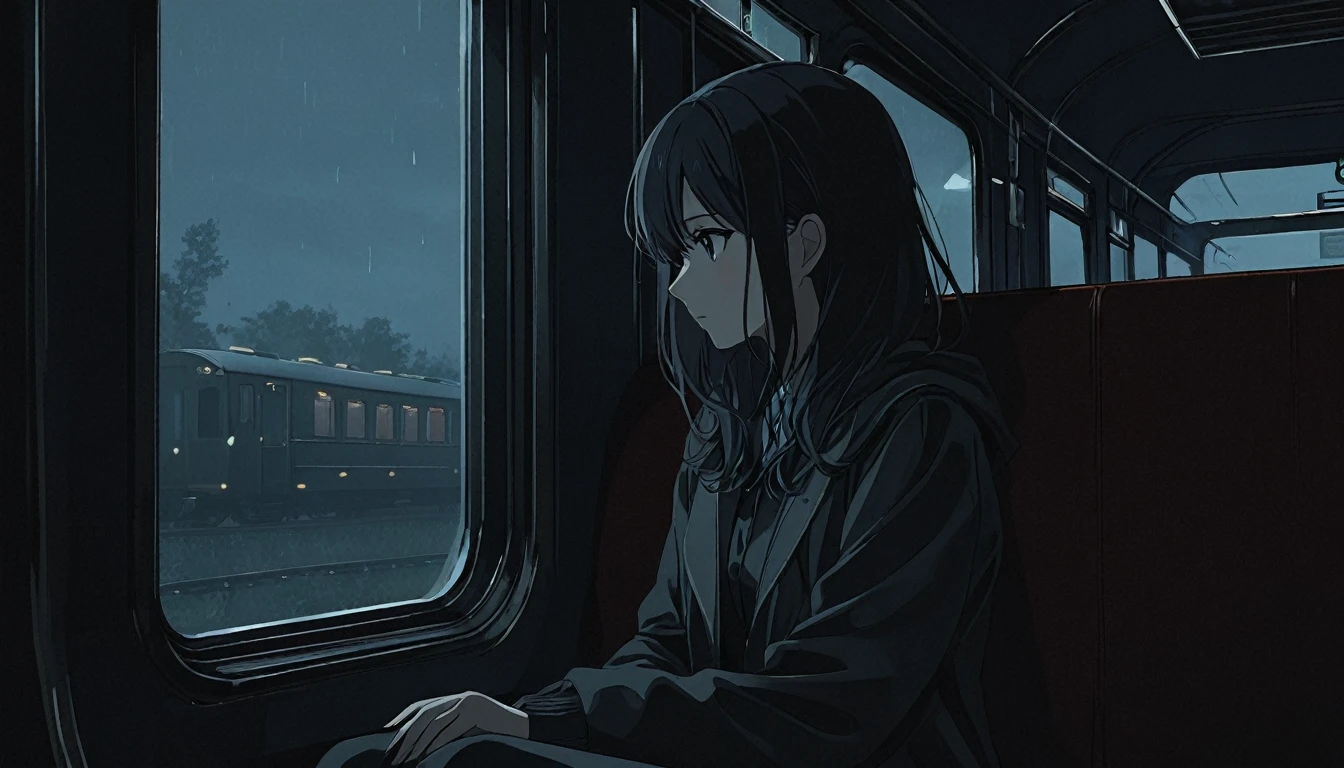 High definition animation. A girl sits in a slightly dark old train and looks lonely out her window. It's dark outside the train. Girl's half body shot