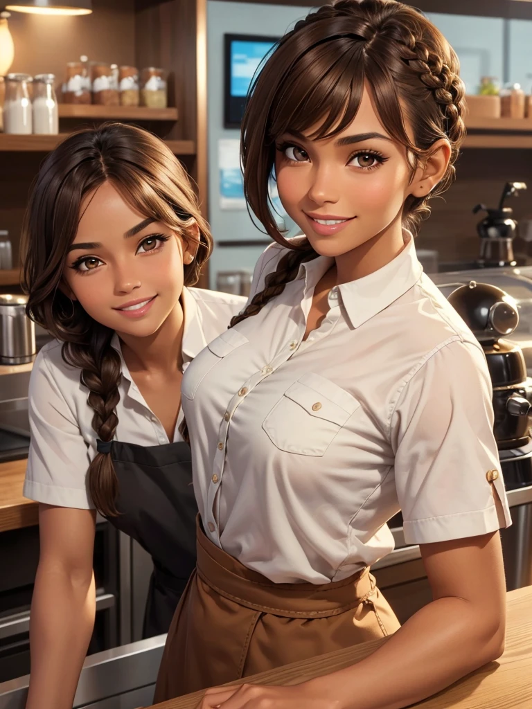 (best quality), 1girl, female, 28 years old, tanned skin, brown hair, short hair, braid, swept bangs, brown eyes, perfect eyes, muscular, smile, strong jawline, barista uniform, masterpiece, anatomically correct, highres