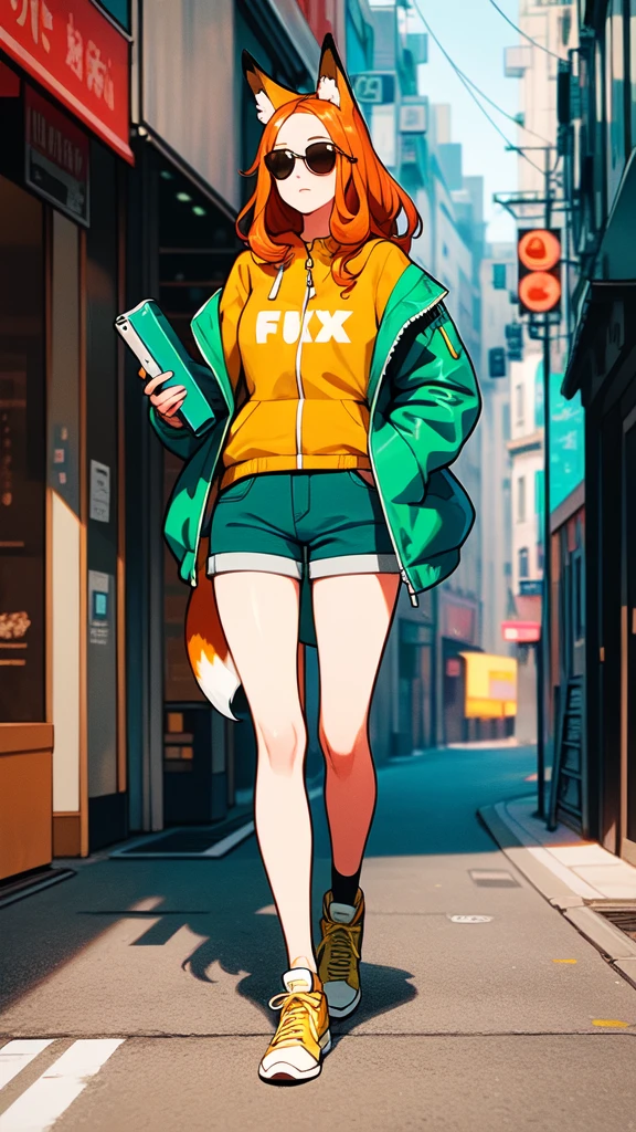 Masterpiece, 1girl, solo, (best quality,4k,highres), ultra-detailed, Skinny fox girl, (yellow sunglasses, green jacket, black shorts, yellow sneakers, orange hair, fox tail), (detailed clothes, detailed fur texture, intricate detail, highly detailed, fine details best quality, hyperdetailed face), cyberpunk, city background, (detailed background, bright color tones, digital art beautiful lighting)