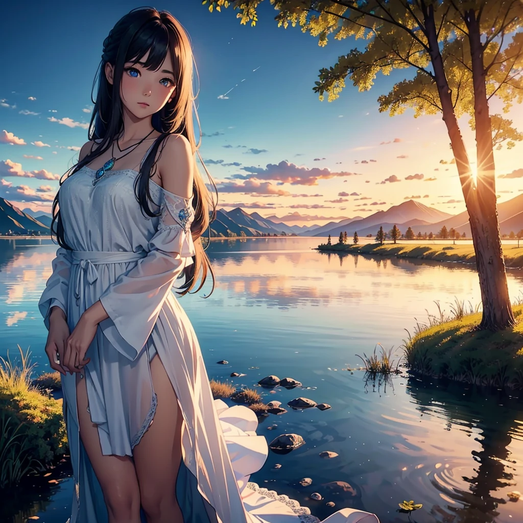 1 girl, serene expression, mesmerizing eyes, straight long hair, flowing dress, poised posture, porcelain skin, subtle blush, crystal pendant
BREAK
golden hour, (rim lighting):1.2, warm tones, sun flare, soft shadows, vibrant colors, painterly effect, dreamy atmosphere
BREAK
scenic lake, distant mountains, willow tree, calm water, reflection, sunlit clouds, peaceful ambiance, idyllic sunset, ultra detailed, official art, unity 8k wallpaper
, zentangle, mandala