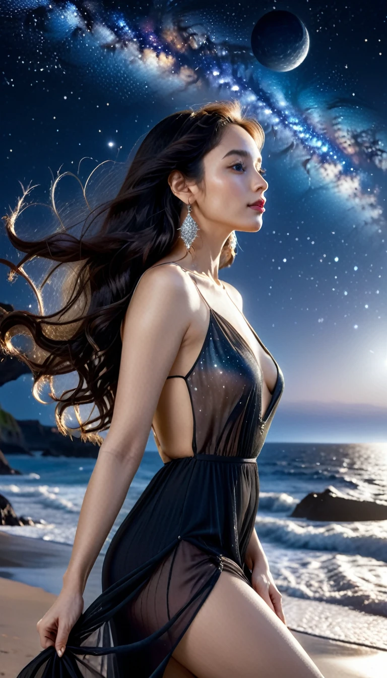 8k, masterpiece, RAW Photos, Highest quality, Realistic, Very detailed, Depth of written boundary, Cinematic Light, Anatomically correct body,
(One elegant beautiful mature woman:1.2), Wavy black long hair, Very beautiful face, Exquisitely detailed face, Goddess-like deity々Beautiful,
Glamorous Body, Very sensitive skin, Transparent white skin, Sexy ass, Sexy thighs,
See-through high slit dress, Detailed cloth texture, Gorgeous necklace, Gorgeous earrings,
Dark starry background, Milky Way Galaxy, Meteors, Dark coastline at night, Pitch black sea surface,
(Low angle shot:1.2),