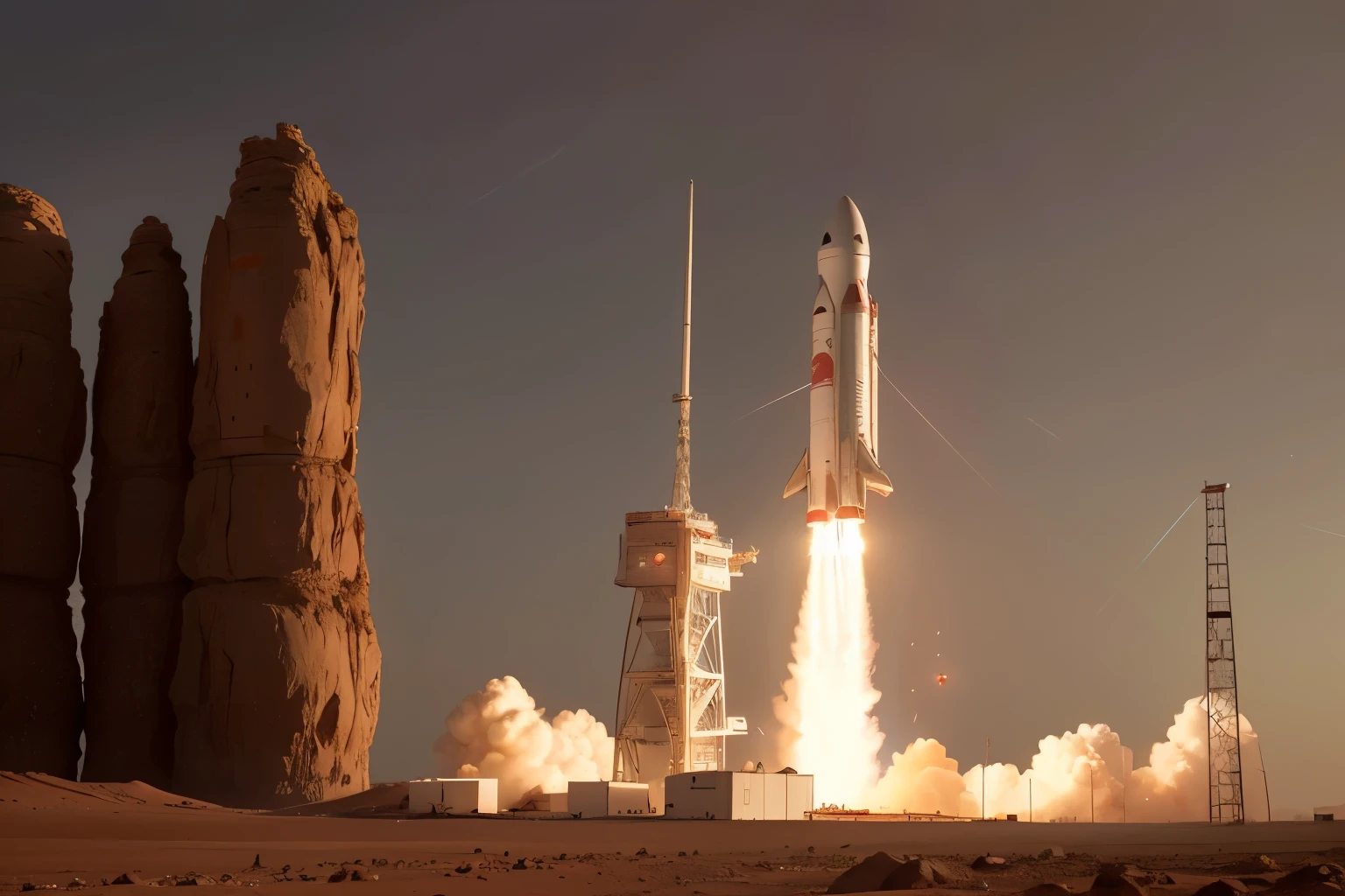 On Mars,A giant rocket with the Chinese flag printed on it,Launch into space,(8K, best quality, masterpiece:1.2), (Practical, Reality:1.37), Extremely detailed,Wide-angle lens