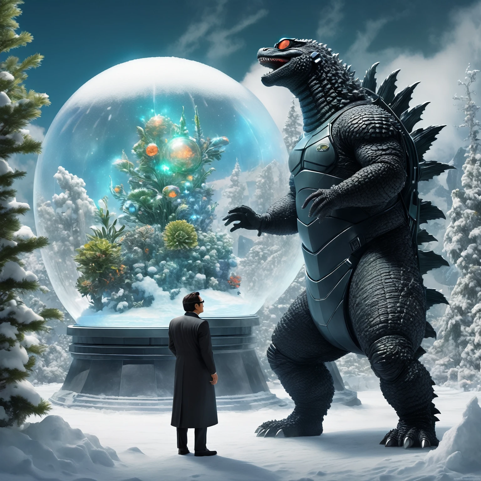 A side view of an elegant scientist Godzilla, with dark glasses and wearing fashion accesories, watching an experimental nuclear explosion inside a giant snow-globe like structure in the distance, surrounding plants slightly glowing with bioluminesce.