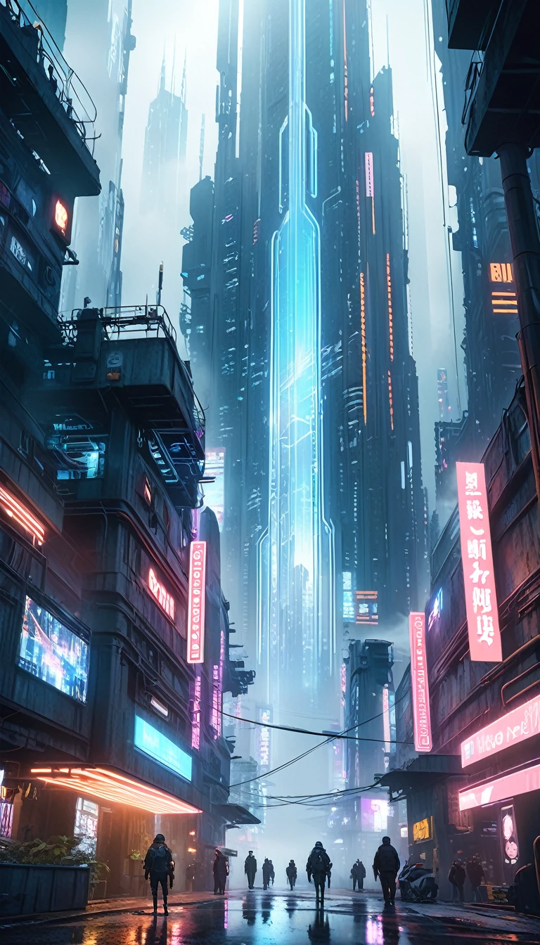 a futuristic cityscape, futuristic architecture, towering skyscrapers, neon lights, glowing holographic displays, hazy atmosphere, fog, moody lighting, industrial elements, detailed urban environment, cinematic composition, inspired by the art of Bill Sienkiewicz, photorealistic, 8k, high quality, masterpiece
