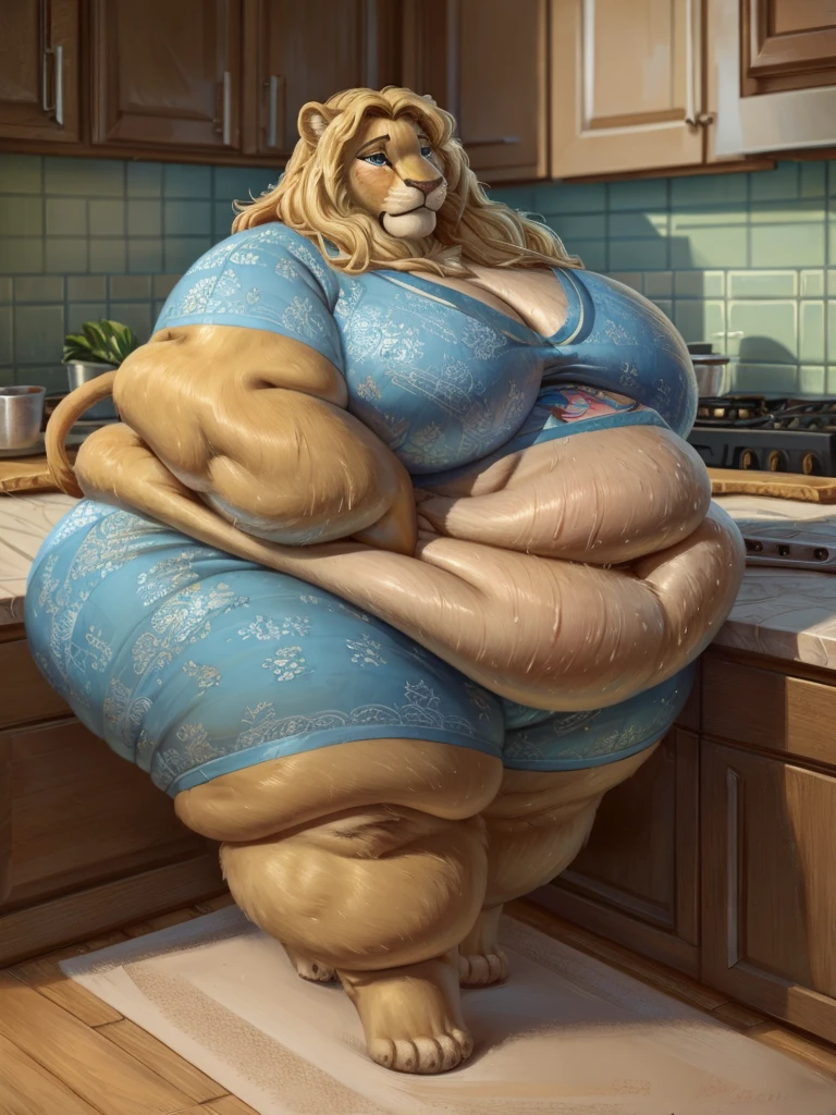 breathtaking oil painting, masterpiece, best quality, a morbidly obese anthro lion girl waddling in a kitchen, ((impossibly obese)), fat obese, lion, lioness, tail, large breasts, huge belly, wide hips, (fatfur), hyper fat, (enormous), (((obese))), blob, ((fat rolls, rolls,)), ((hyper obese)), furry, long hair, blonde hair, tired, small pajamas, exhausted, immobile, ((too fat to move)), waddling, walking, strechmarks, photorealistic oil painting, by charlie bowater, fine details, by wlop, trending on artstation, very detailed , very detailed,megafat, furry, fat, obese,fat_rolls, soft, obese, weight_gain, fattening, blue eyes, struggling, holding onto counter, sweaty, exhausted,