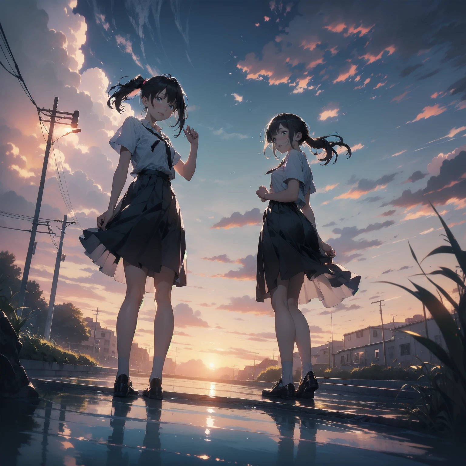 Vast landscape photography、(View from below、Shows the sky above and below)、High resolution、Highest quality、Very detailed、makoto shinkai、sunset、Girl in white dress looking sideways、College student with long brown hair、Electric pole、electric wire、Railroad crossing、Lens blur