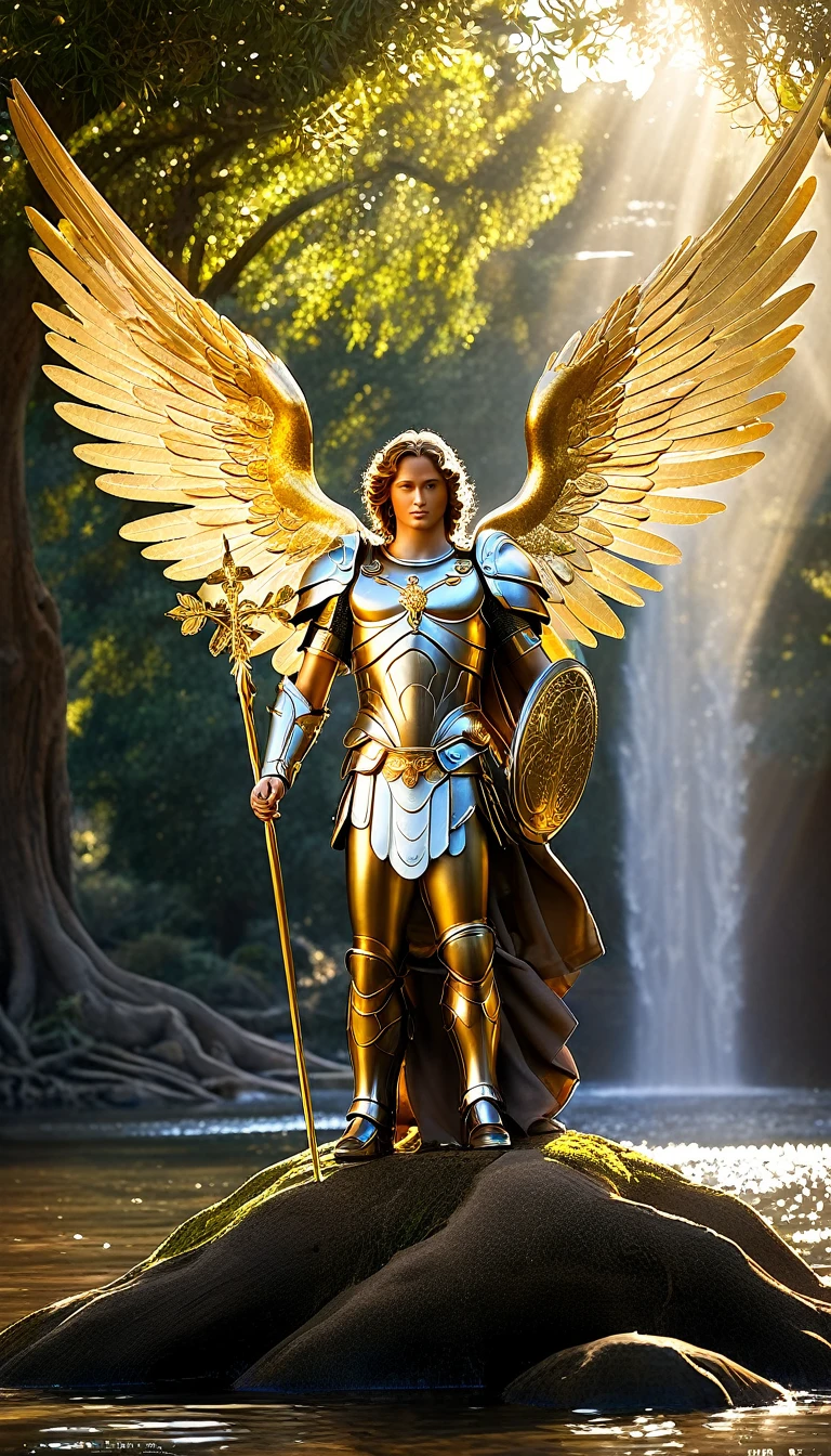 Digital Photograph of Archangel Michael and the Tree of Life: Archangel Michael, with his majestic wings and shining armor, standing next to the Tree of Life, in a heavenly setting with rivers of gold and divine light., cinematic lighting, depth of field, intricate details, hyper-realistic