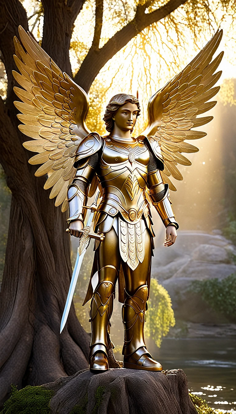 Digital Photograph of Archangel Michael and the Tree of Life: Archangel Michael, with his majestic wings and shining armor, standing next to the Tree of Life, in a heavenly setting with rivers of gold and divine light., cinematic lighting, depth of field, intricate details, hyper-realistic