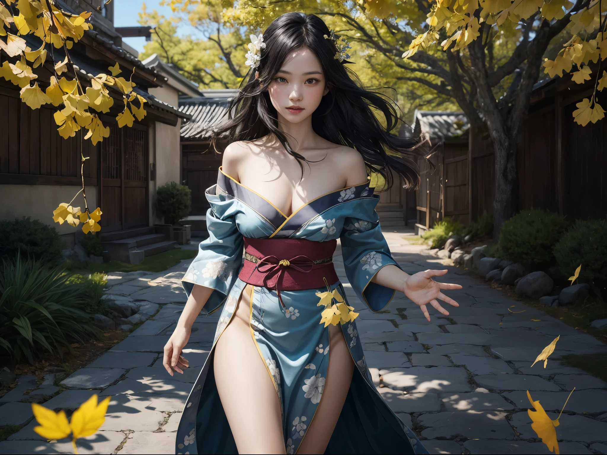 1girl, gold and deep blue lace greek kimono dress, bare shoulder, detailed face, looking at viewer, very long straight hair, delicate obi, steel plate trimmed thigh high, cobblestone path, (masterpiece, raw photo, high quality, photorealistic), dynamic particles effect, cinematic lighting, (lens flare:0.6), ray tracing, fantasy, ginkgo tree, black hair, gentle windswept, fluttering petals, yellow leaves, (, cute:1.3), (breasts:1.2),
