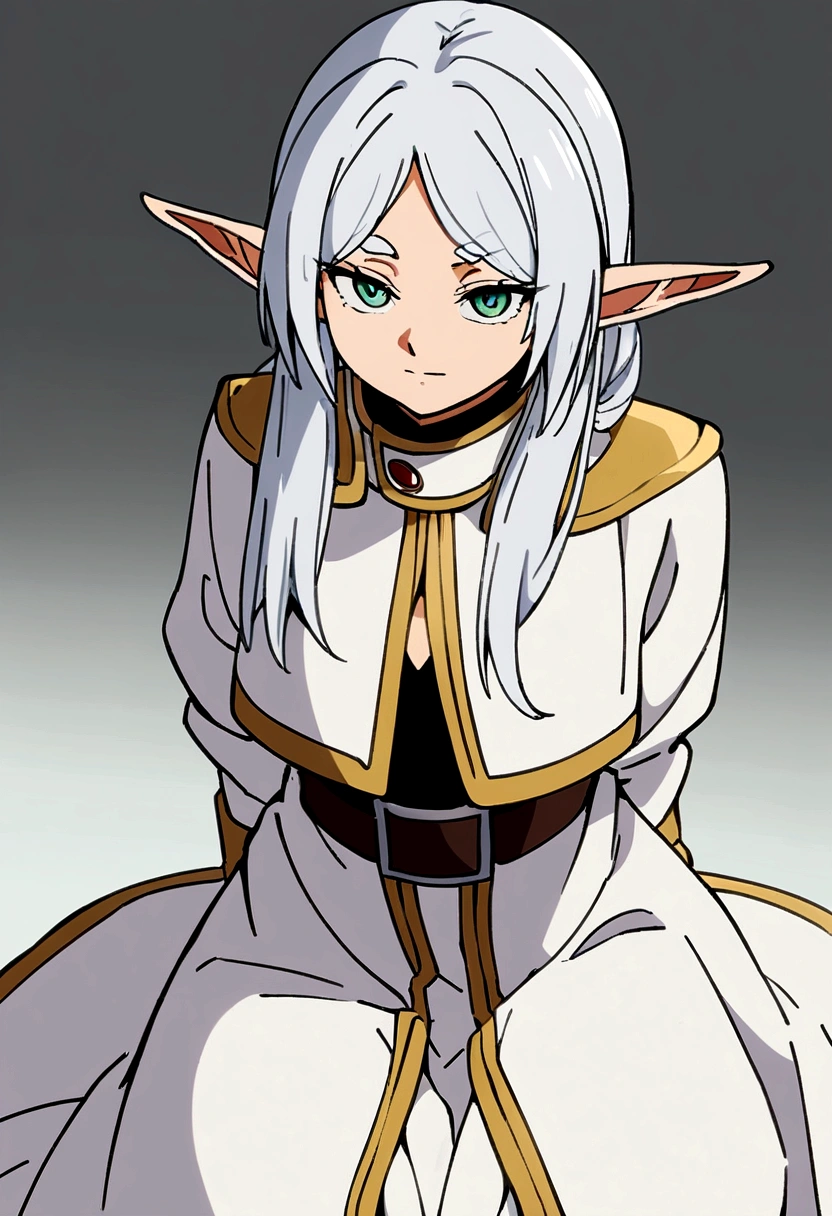 Frieren from Frieren: Beyond Journey's End, sitting and looking at the camera, long silver hair, green eyes, wearing a simple robe, elf ears, delicate face, neutral expression, sitting on the ground, hands hidden behind her back, contrasting background for easy cutout, highly detailed, anime style, no background elements needed, character-focused