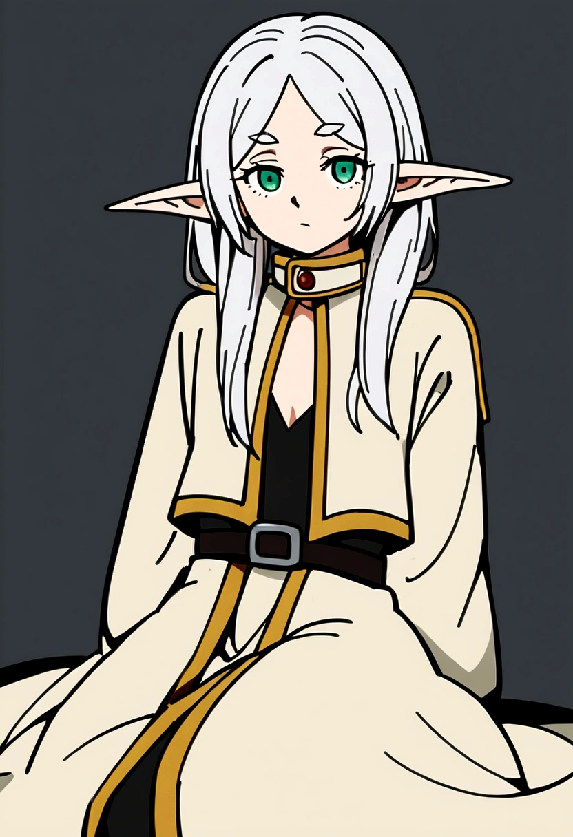 Frieren from Frieren: Beyond Journey's End, sitting and looking at the camera, long silver hair, green eyes, wearing a simple robe, elf ears, delicate face, neutral expression, sitting on the ground, hands hidden behind her back, contrasting background for easy cutout, highly detailed, anime style, no background elements needed, character-focused