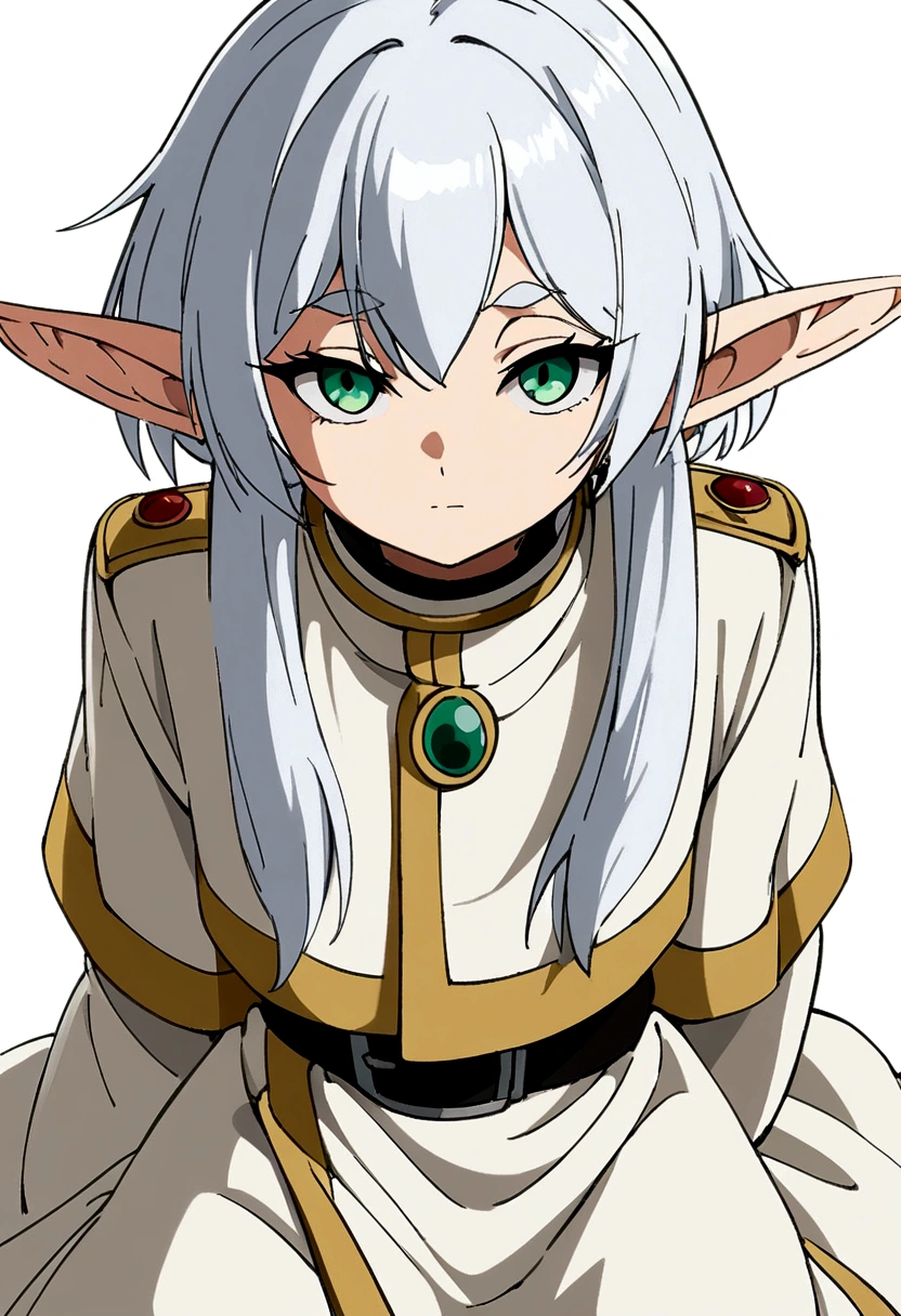 Frieren from Frieren: Beyond Journey's End, sitting and looking at the camera, long silver hair, green eyes, wearing a simple robe, elf ears, delicate face, neutral expression, sitting on the ground, hands hidden behind her back, contrasting background for easy cutout, highly detailed, anime style, no background elements needed, character-focused