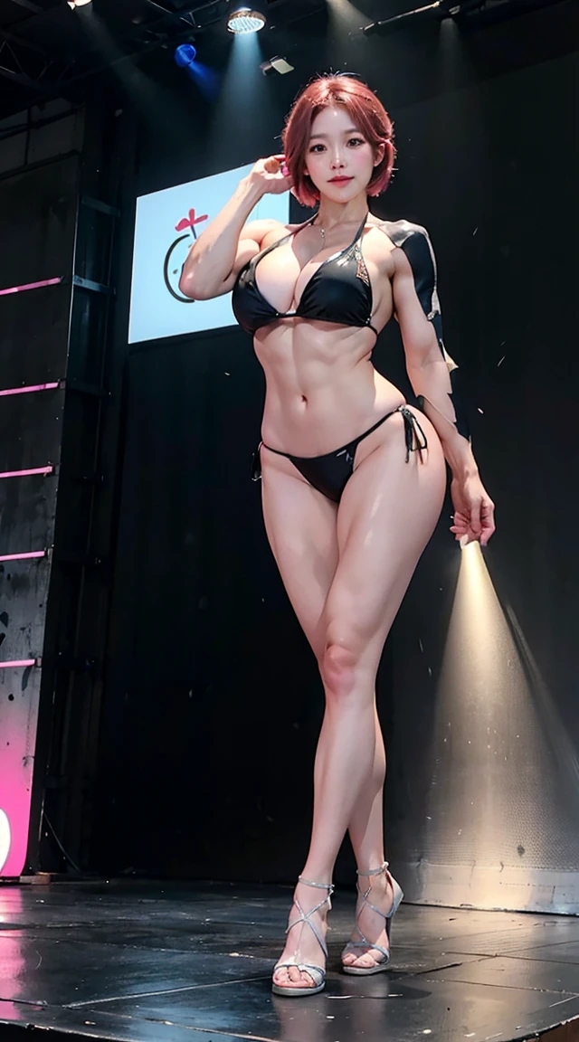 SeaArt Bot Txt2Img Default 01:47:12 Expires in 29 Day(s) 1 adult woman，mature and beautiful，muscle bodybuilder , (masterpiece, best quality:1.37), ultra-detailed:1.37, hyper-sharp:1.37, anime style,2 piece bikini，Briefs， An illustration of a female bodybuilder, The female bodybuilder is 2m tall and has a muscular build. A female bodybuilder wears a 健美 outfit, exposing her muscles. A female bodybuilder is standing on the stage, seductive smile, closed mouth, pink side-under cut hair, bodybuilder fashion, looking the viewer, view viewer,sexy pose