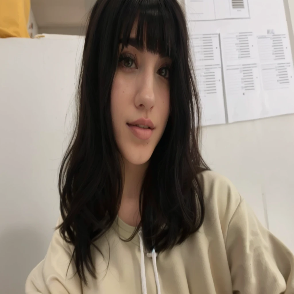 puffy woman in a beige sweatshirt holding a donut in her hand, imagem de perfil, Melanie Martinez, charli bowater, Kailee Mandel, Com franja, charli xcx, selfie de uma jovem, Alanis Guillen, garota de cabelo preto usando moletom, she has black hair Com franja, foto de perfil, headshot imagem de perfilture, franja encaracolada